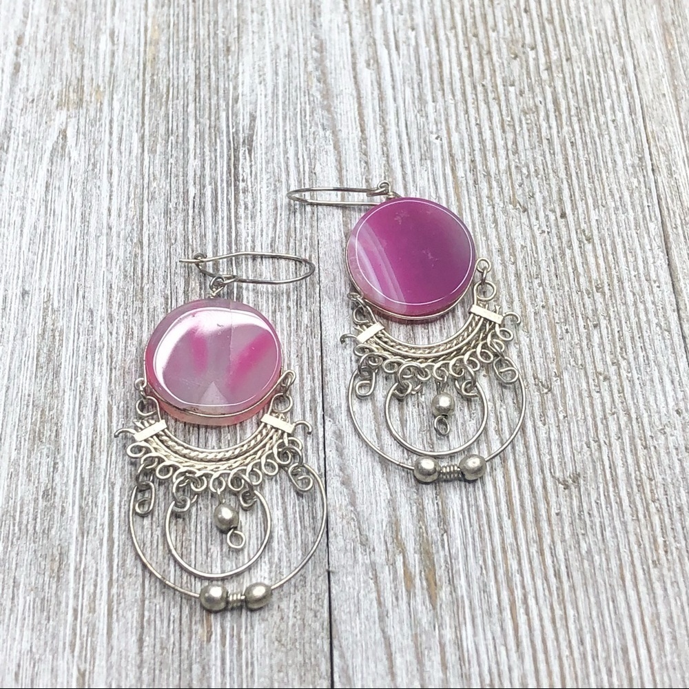 Vintage Silver Tone Bohemian Fringe Chandelier Wire Hook Earrings Pink Stone